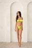 Classic-cut bikini bottoms and all-around ruched bikini top in chartreuse green satin finish