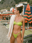 All-around ruched bikini top in chartreuse green and satin finish