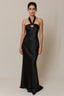 black satin dress, o-ring gown, halter evening dress, convertible satin dress, resort evening-wear, elegant formal dress.